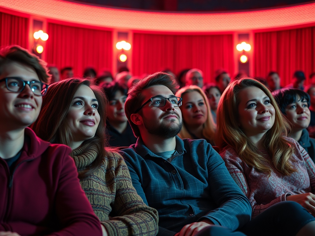 Зрители в кинотеатре внимательны и увлечены фильмом, вокруг яркие красные тона оформленного зала.