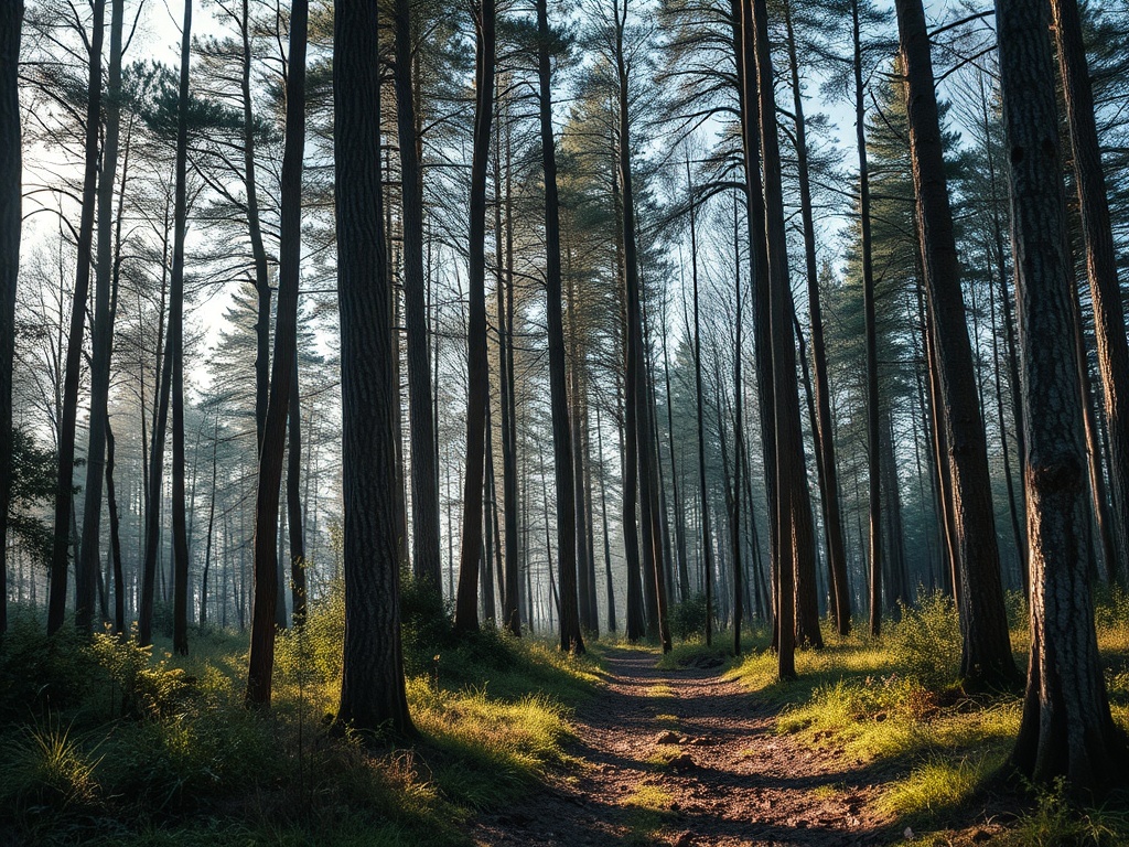 Тёмный лес с высокими деревьями, освещённый мягким светом, создает атмосферу спокойствия и уединения.