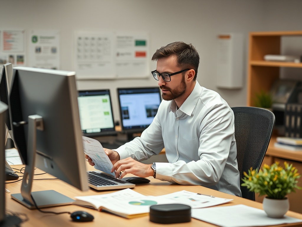 Мужчина в офисе работает за компьютером и просматривает документы, окруженный офисной мебелью.
