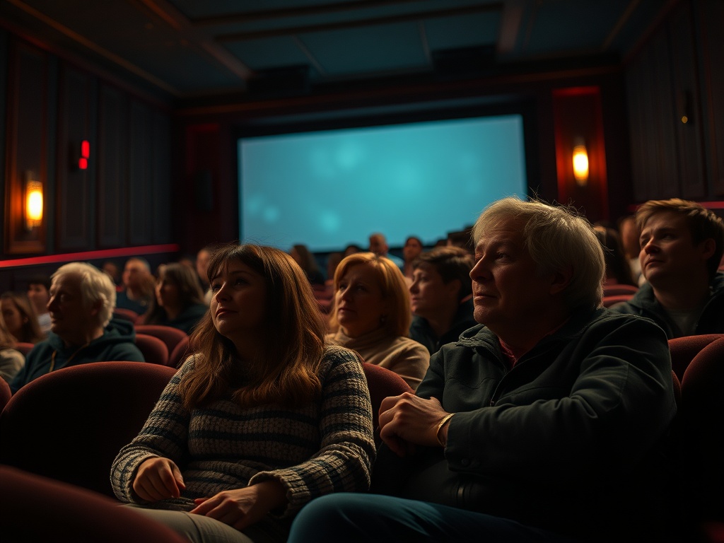 Зрители в кинотеатре, ожидающие начало фильма, на экране - светлый фон.