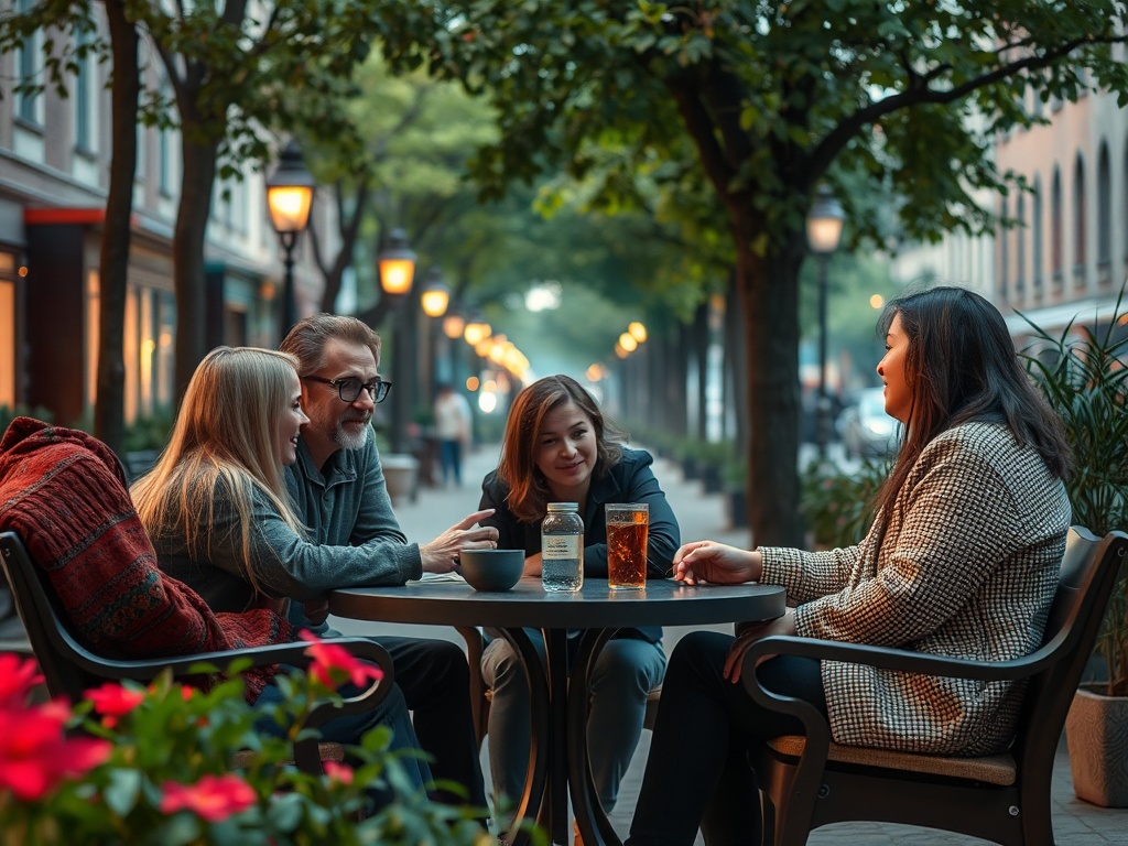 Четыре человека беседуют за столом в уютном кафетерии на улице в тёплый вечер. Вокруг цветы и деревья.