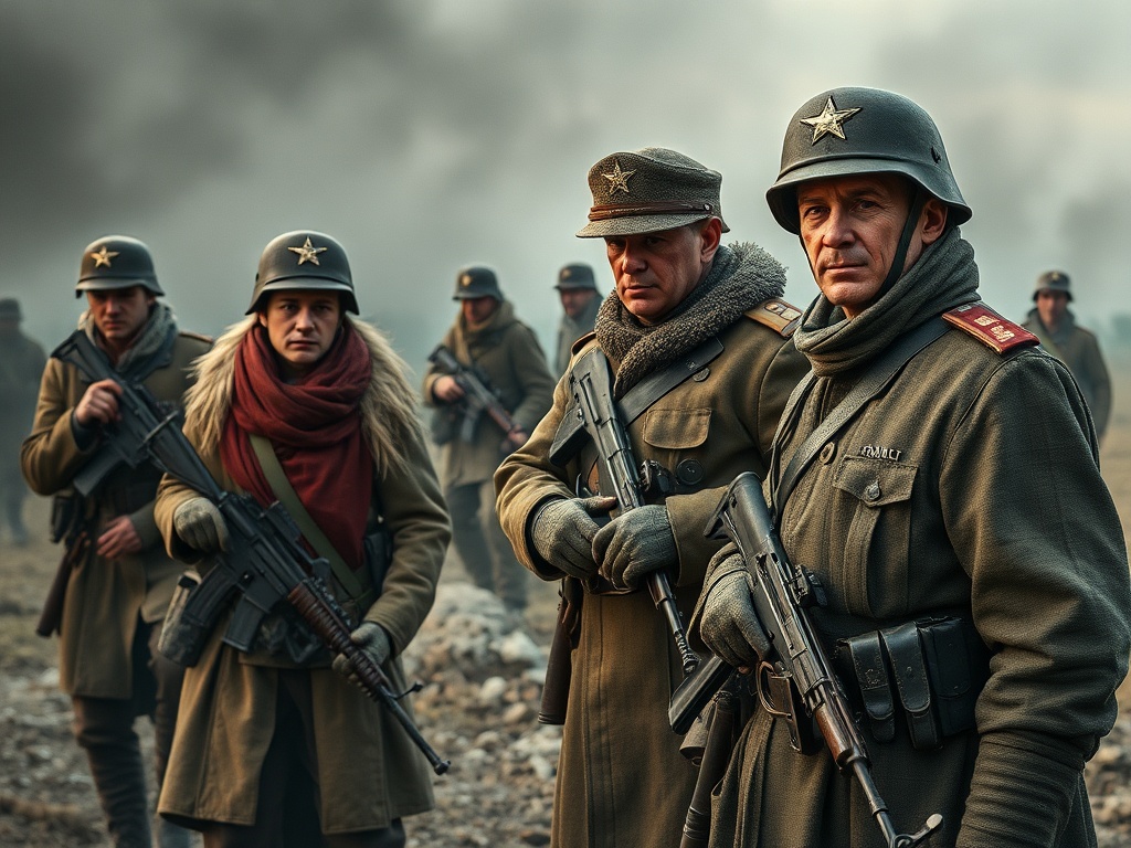 Група солдатов в военной форме и шлемах с символикой на фоне дымного поля битвы.