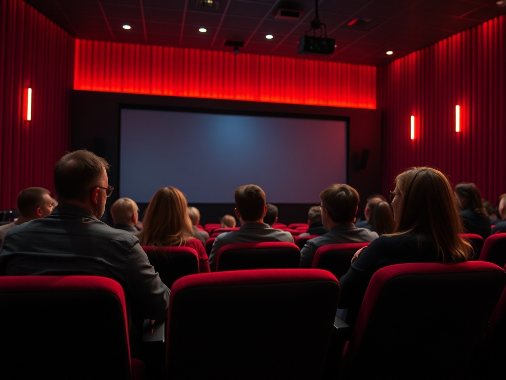 Зал кинотеатра с сидящими зрителями, экран в центре, красные кресла и светлая подсветка.
