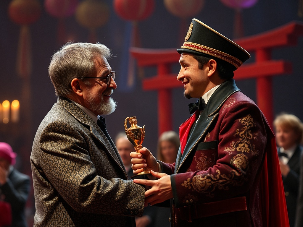 Два человека на сцене обмениваются улыбками и наградой, вокруг них зрители в праздничной атмосфере.