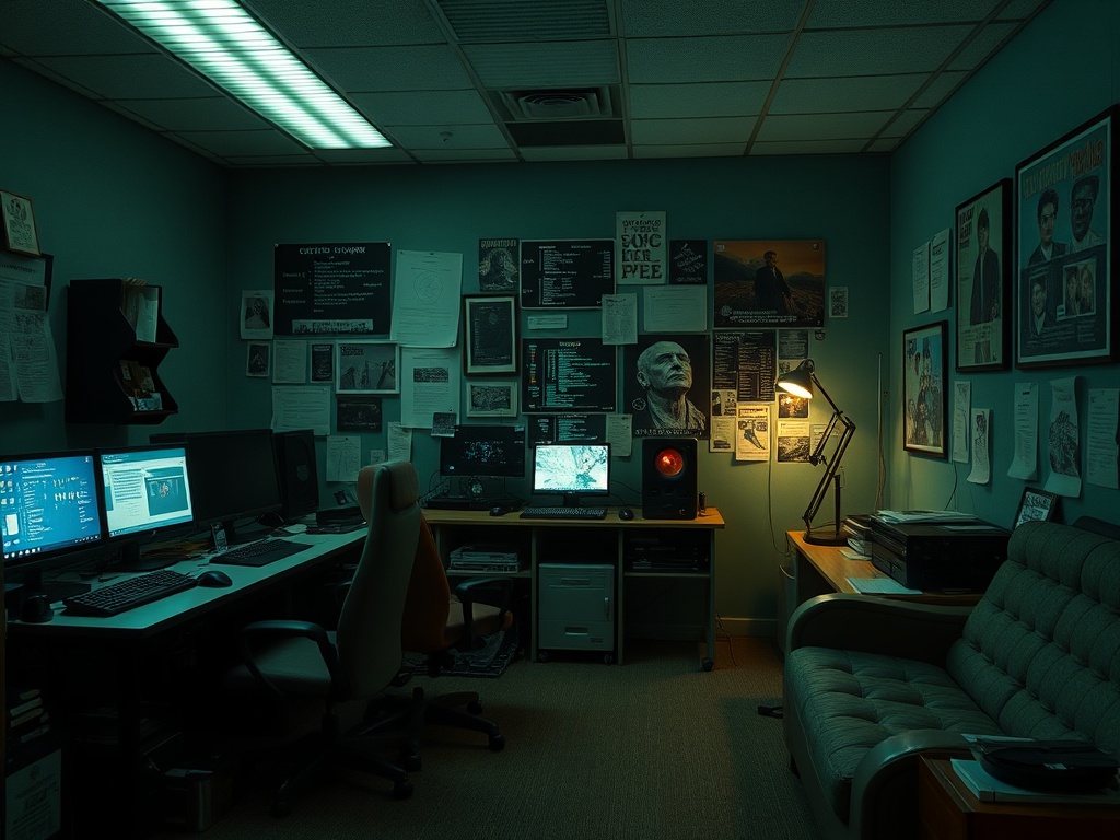 Темная комната с компьютерами, стенами, увешанными документами, и уютным диваном. Атмосфера загадочная.