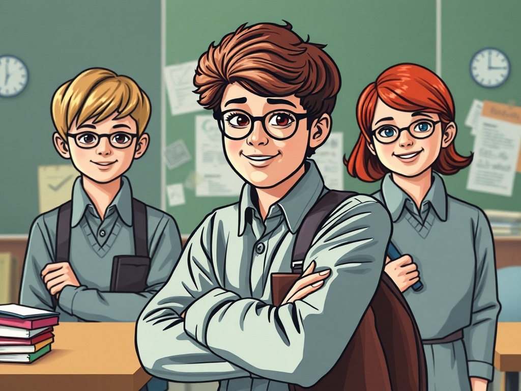 На картинке три школьника с улыбками, стоят в классе на фоне доски и учебных материалов.