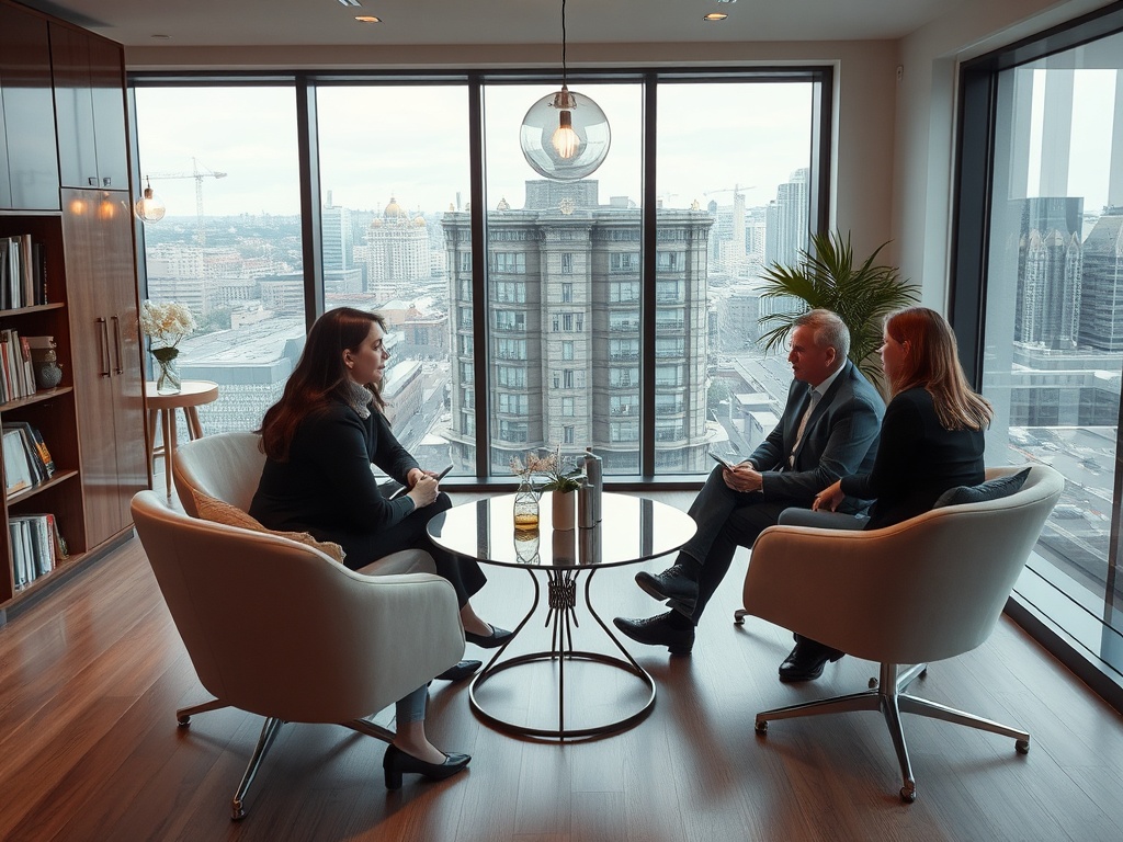 Трое людей беседуют за столом в современном офисе с панорамным видом на город.