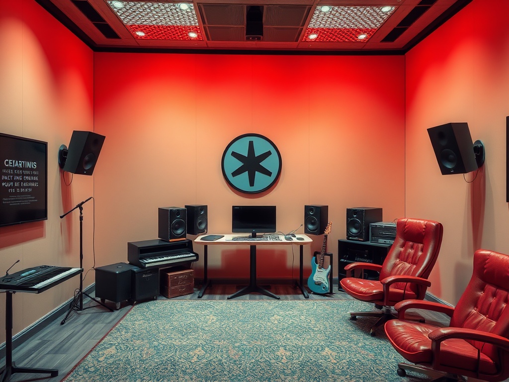 Современная студия звукозаписи с красным освещением и музыкальным оборудованием.