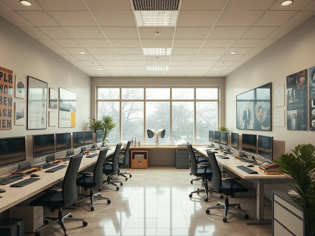 Современный офис с рядами компьютеров, растениями и большими окнами, открывающими вид на улицу.