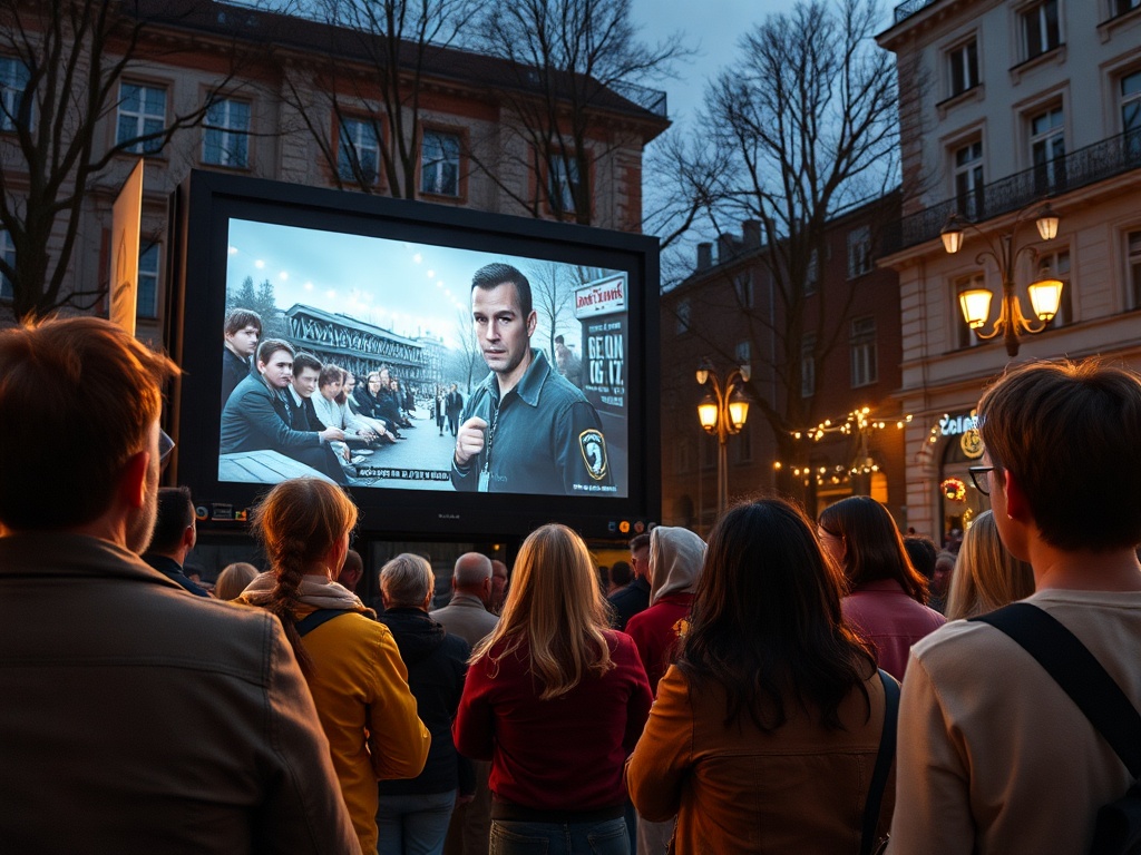 На площади люди смотрят на экран с рекламой шоу с Джозефом Гордон-Левиттом. Вечер, улицы освещены фонариками.
