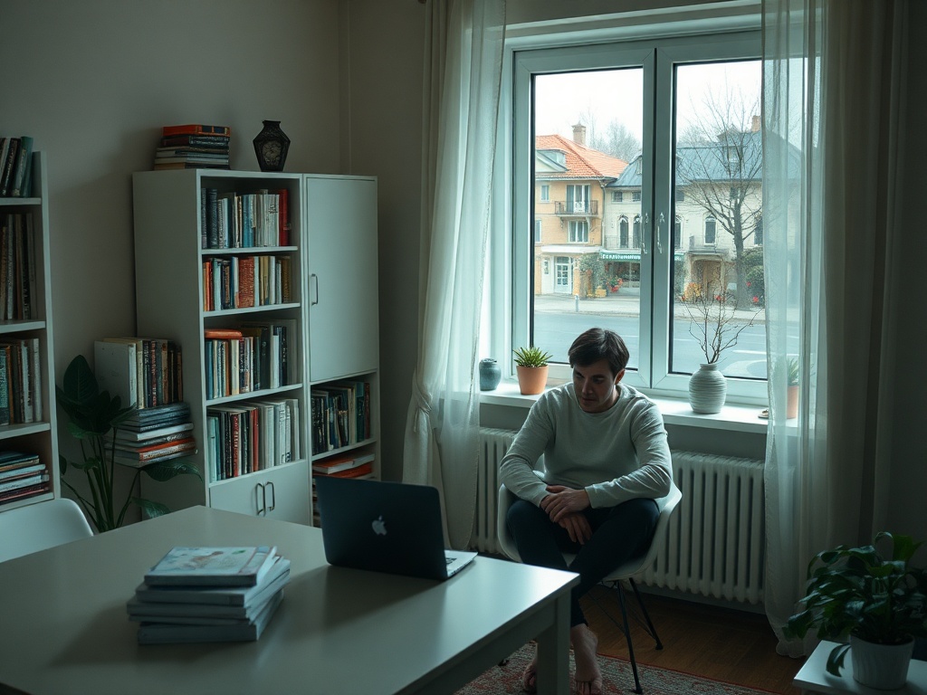 Человек сидит в уютной комнате с книгами и ноутбуком, смотря в окно на улицу. Светлая и спокойная атмосфера.