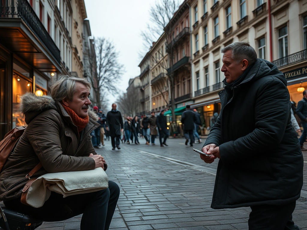 На улице двое мужчин обсуждают что-то, вокруг них проходят люди, серое небо и длинные здания.