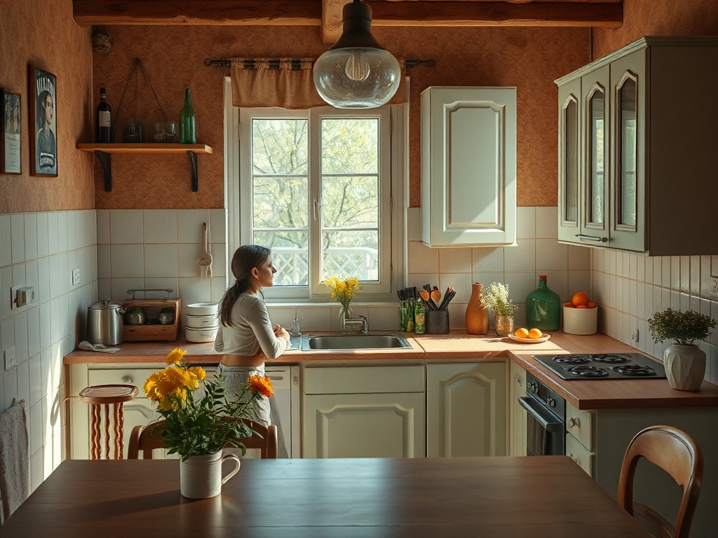 Женщина стоит на кухне у окна, окружая себя цветами и кухонными принадлежностями. Светлое, уютное пространство.