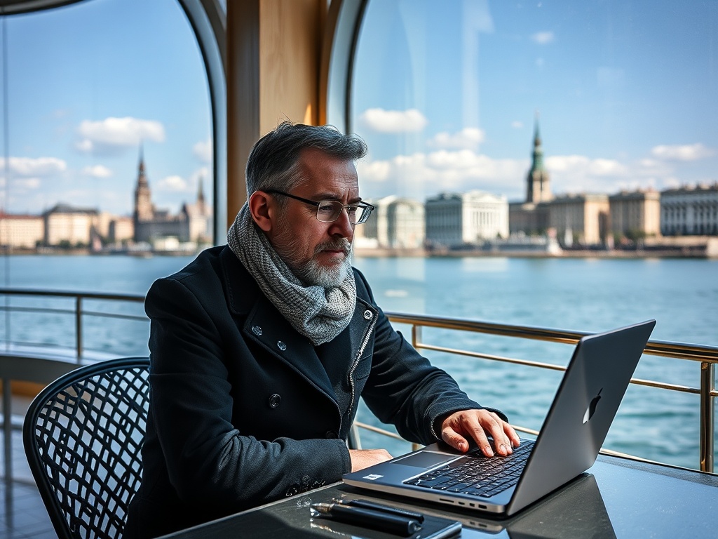 Мужчина в шарфе работает за ноутбуком на фоне реки и городской архитектуры, наслаждаясь видом.