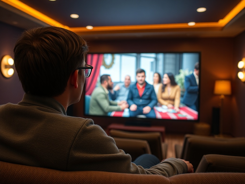 Молодой человек сидит на диване и смотрит телевизор, на экране группа людей за столом.