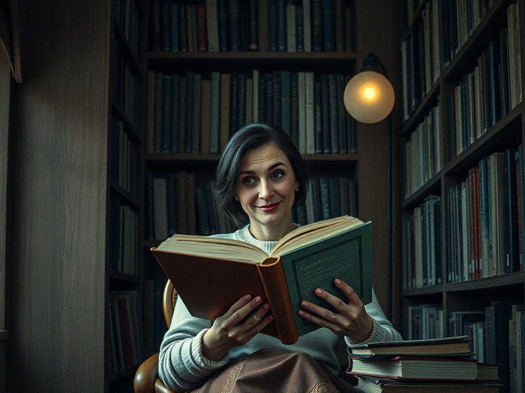 Женщина улыбается и читает книгу, сидя среди полок с книгами в библиотеке. Теплый свет создает уютную атмосферу.