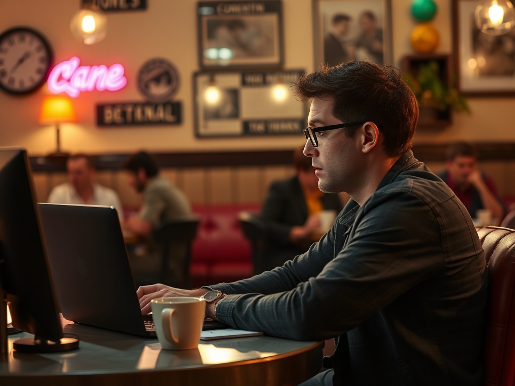 Молодой человек в очках работает за ноутбуком в кафе, вокруг другие посетители и уютная атмосфера.