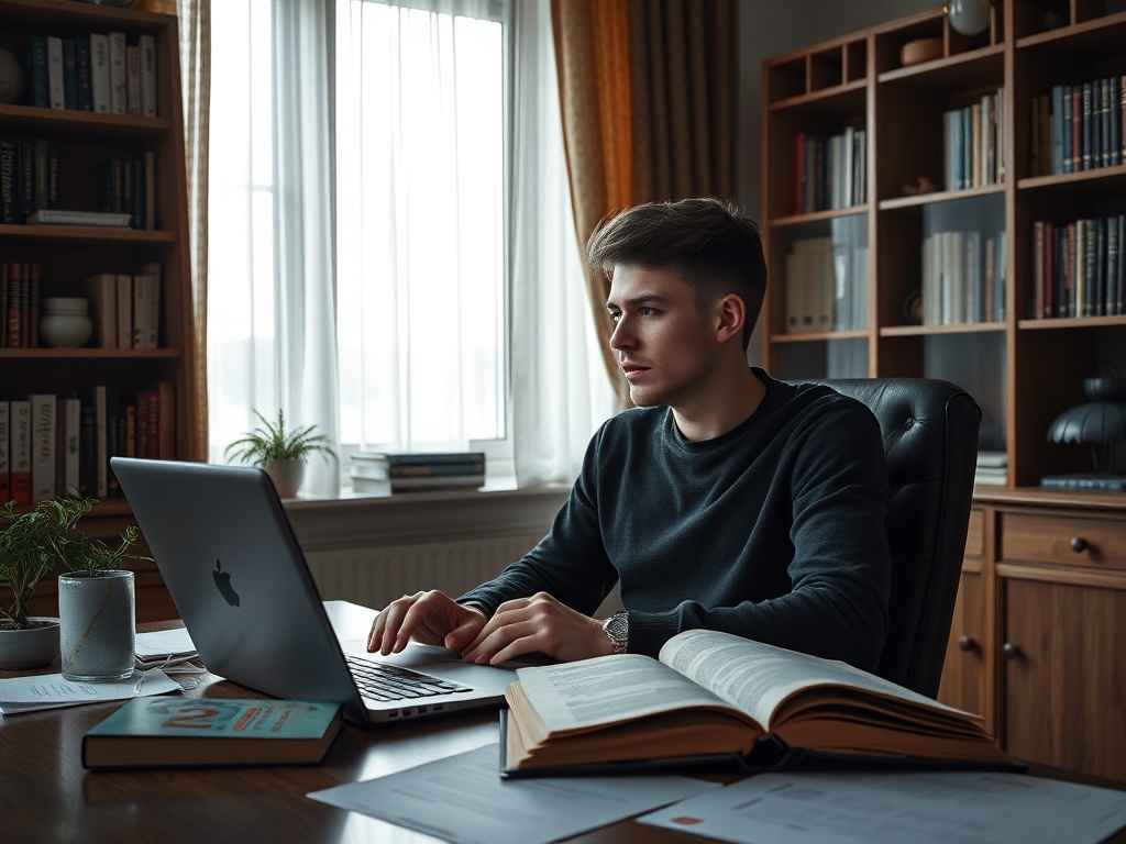 Молодой человек за компьютером в уютном офисе, окружённом книгами и растениями.