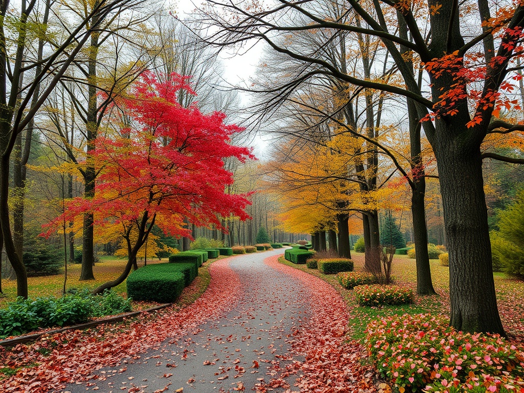 Пейзаж осеннего парка с аллеей, окружённой яркими деревьями и падающими листьями.