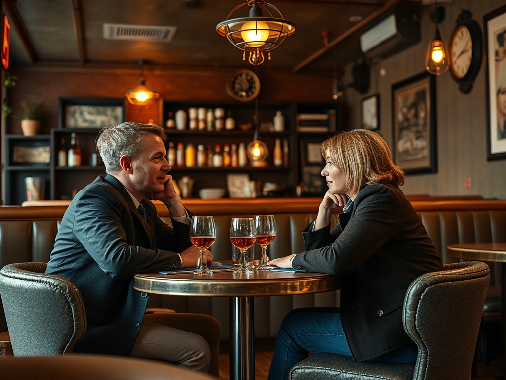 Два человека беседуют за столиком в уютном кафе, перед ними стоят бокалы с напитками.