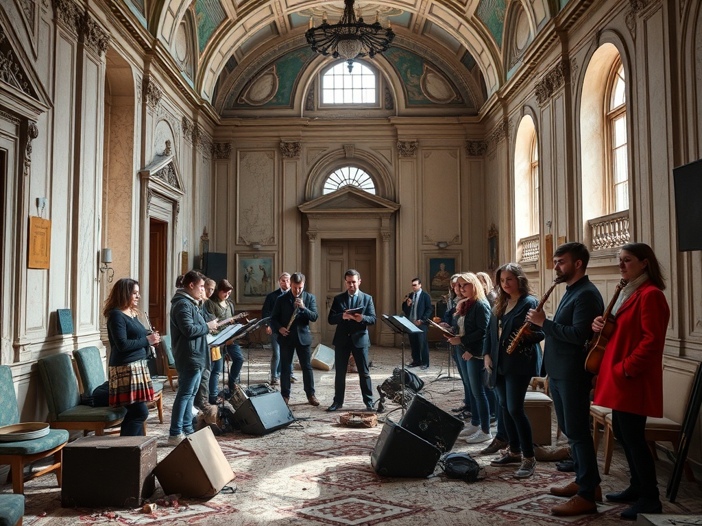 Группа музыкантов выступает в старинном зале с высокими потолками и ярким светом.