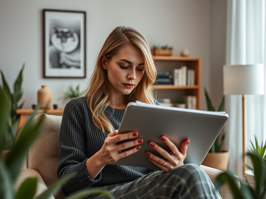 Молодая женщина сидит на диване, внимательно смотря на планшет в уютном интерьере с растениями.