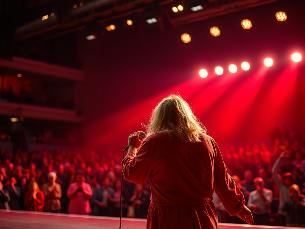 На сцене певица с длинными светлыми волосами, яркий свет и много зрителей в зале. Атмосфера волнения.
