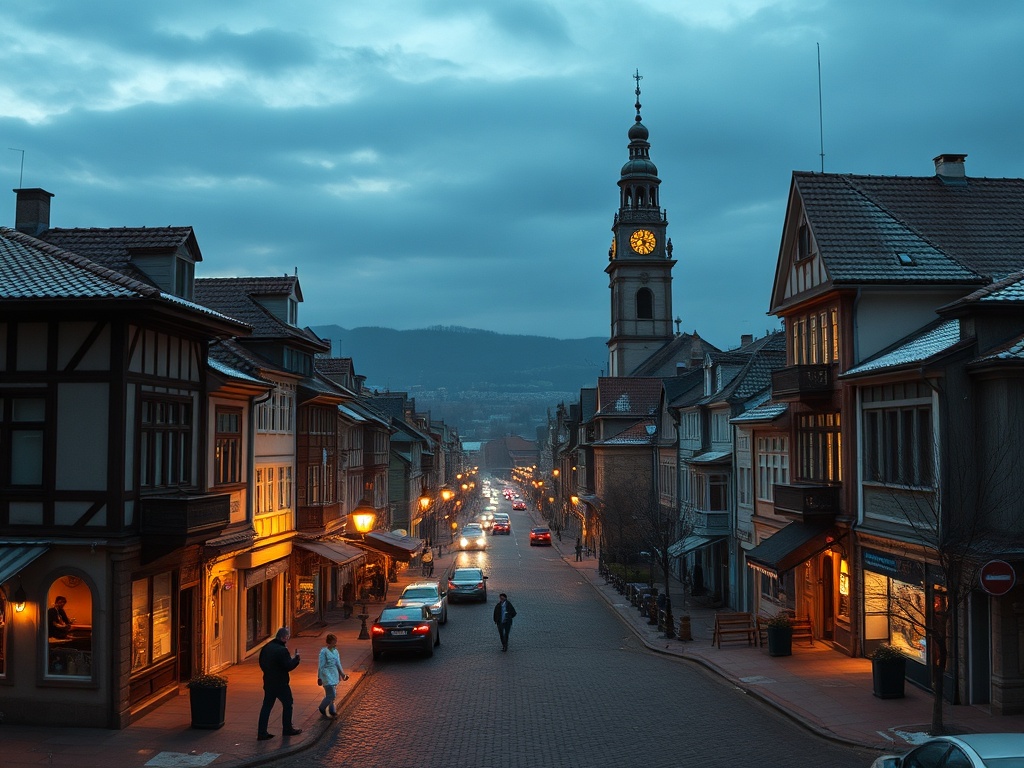 Уютная улица с домами в готическом стиле, освещенная фонарями, вечером под облачным небом.