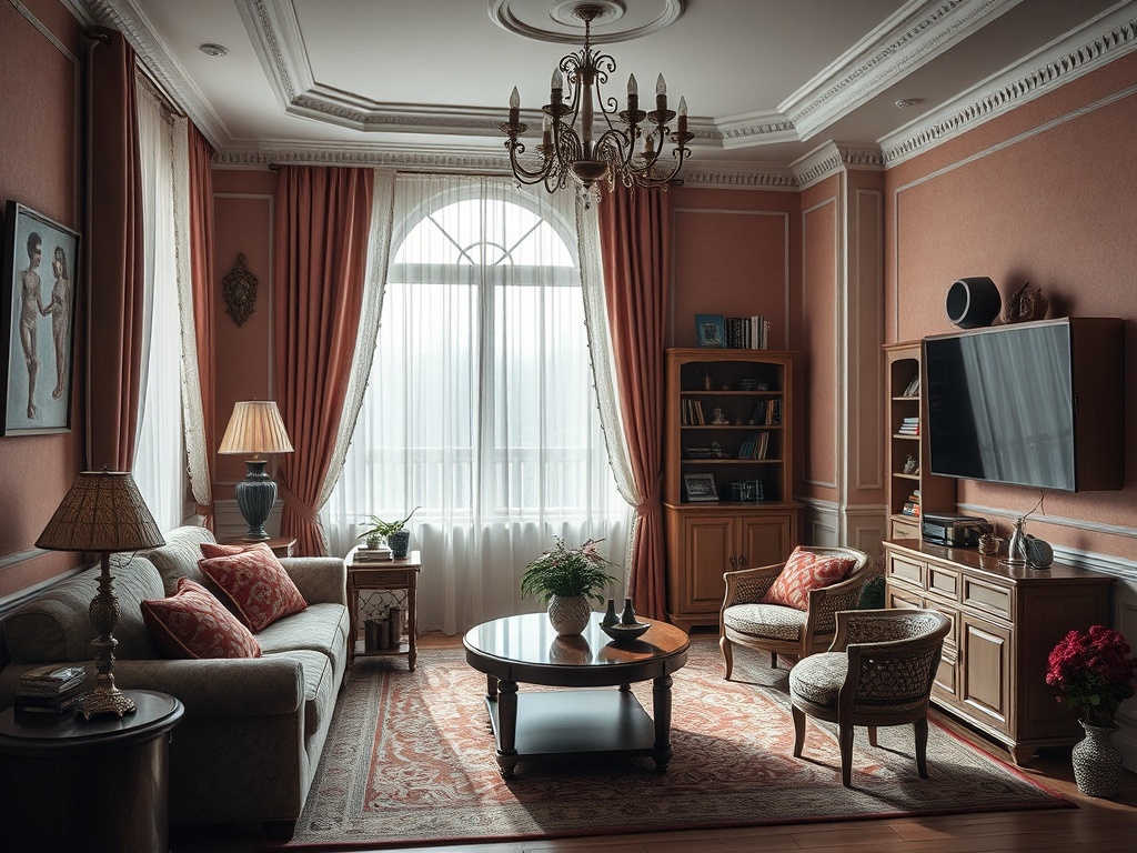Уютная гостиная с мягкой мебелью, книжной полкой и светом, проникающим сквозь оконные занавески.