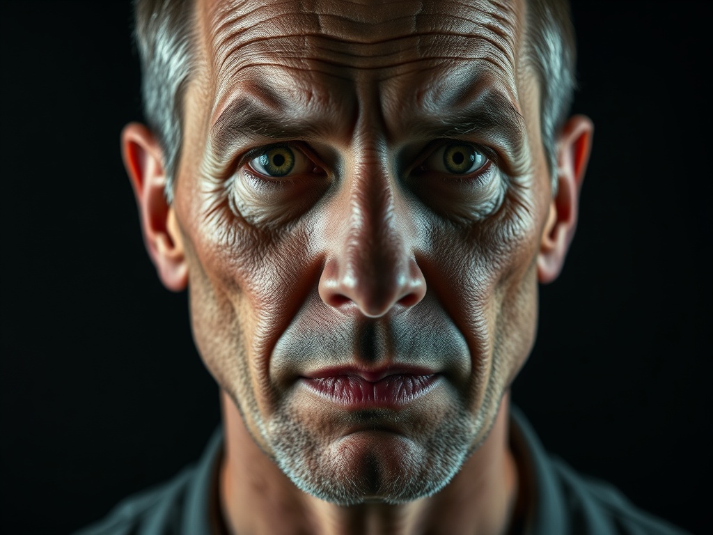 Портрет мужчины с серьезным выражением лица, яркими глазами и морщинами, на фоне черного цвета.