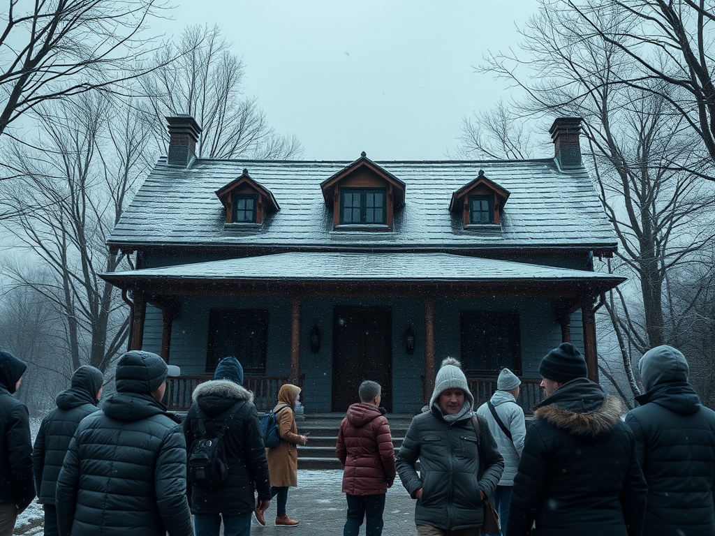 Группа людей стоит перед домом, окруженным деревьями, в снежную зимнюю погоду.