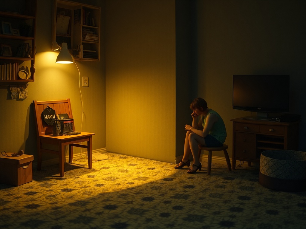 Темная комната с одинокой девушкой в свете лампы, задумчиво сидящей на стуле. Стенки окрашены в теплые тона.