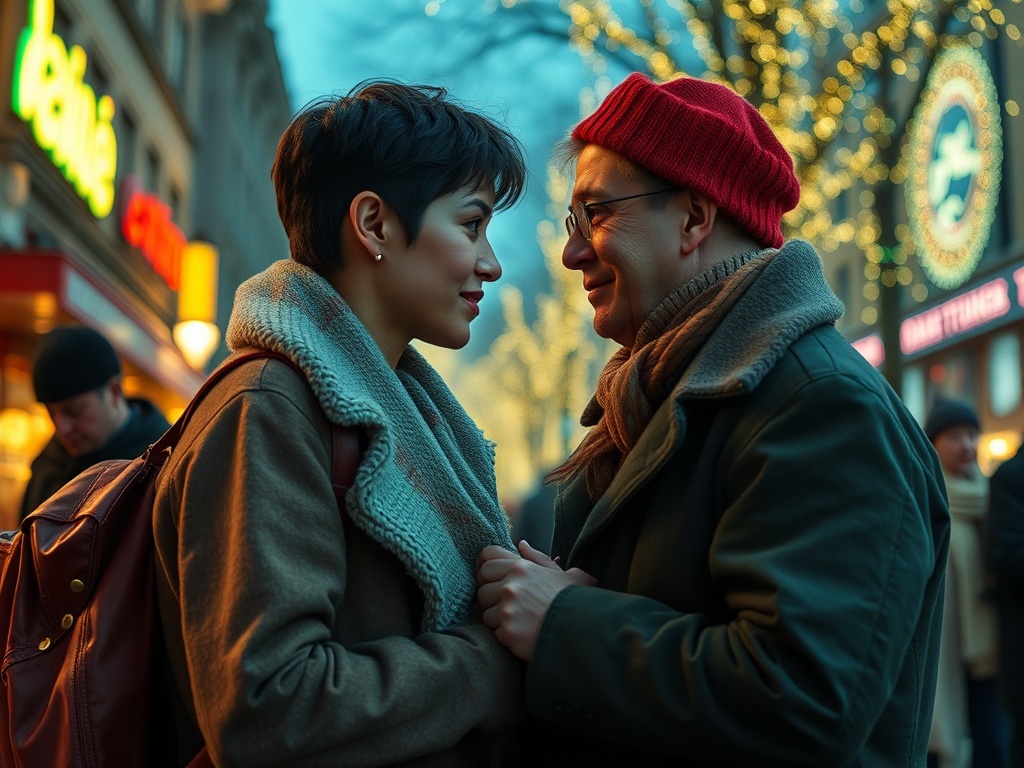 Девушка и парень смотрят друг на друга с улыбкой на фоне вечерних огней города. Атмосфера романтики.