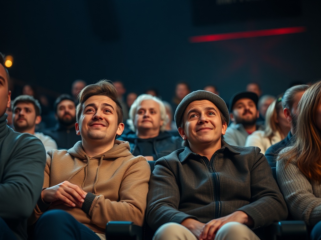 Два молодые человека улыбаются, сидя в зале среди зрителей, погруженных в представление.