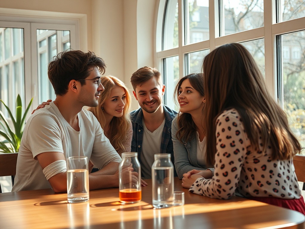 Группа друзей общается за столом, наслаждаясь компанией и напитками при ярком солнечном свете.