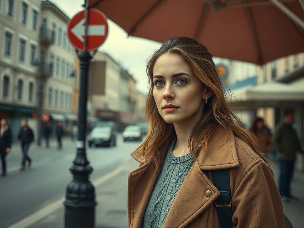 На улице стоит молодая женщина с длинными волосами, под зонтом, на фоне городской улицы.