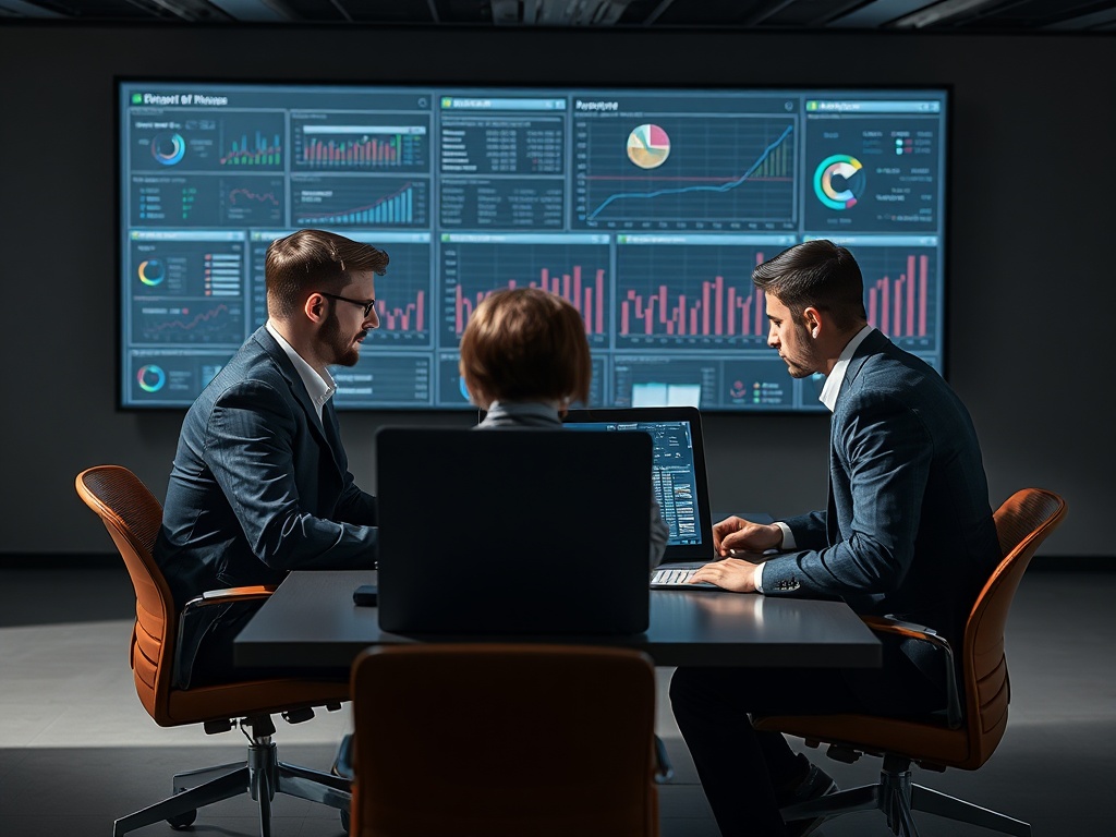 Трое людей в деловых костюмах обсуждают данные на экране в современном офисе.