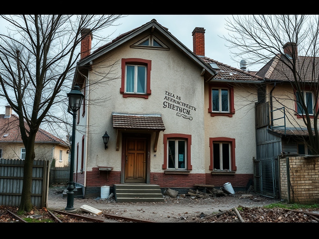 Старый дом с красными окнами и вывеской, окруженный деревьями и строительными материалами.