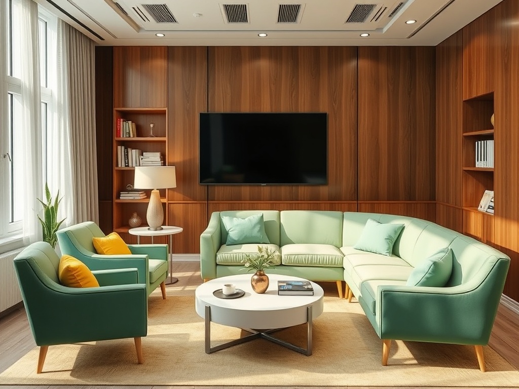 Современная гостиная с угловым диваном, креслами и телевизором на деревянной стене. Мягкие пастельные тона.