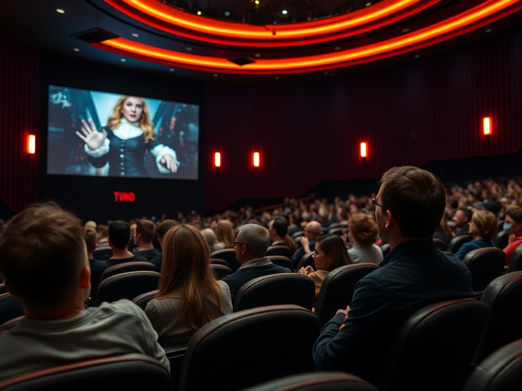 Зрители в кинотеатре смотрят фильм на большом экране, девушка с помпонами на переднем плане.