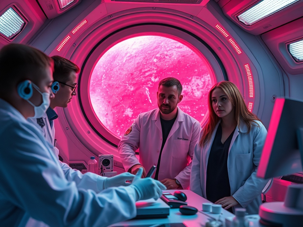 Группа ученых обсуждает проект в космической лаборатории с видом на планету через окно.