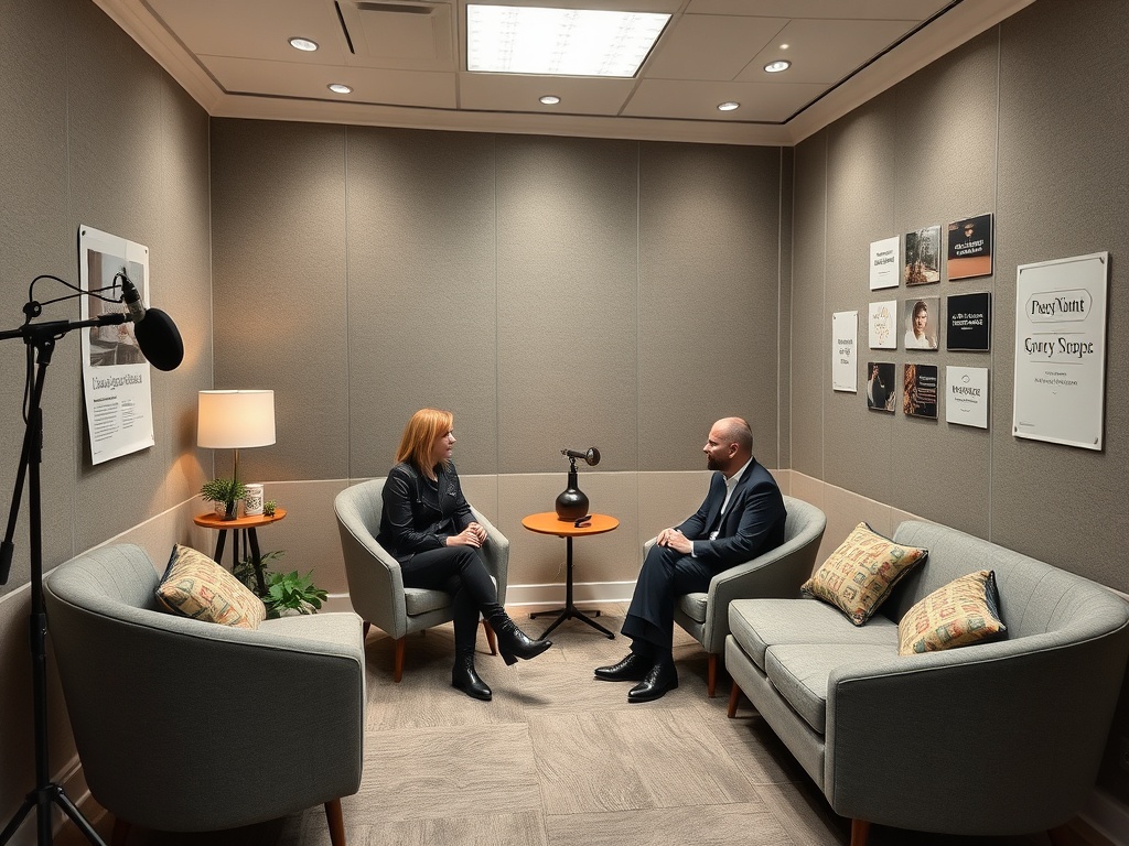 Два человека сидят в уютном офисе, обсуждая темы на фоне стен с постерами и настольной лампой.