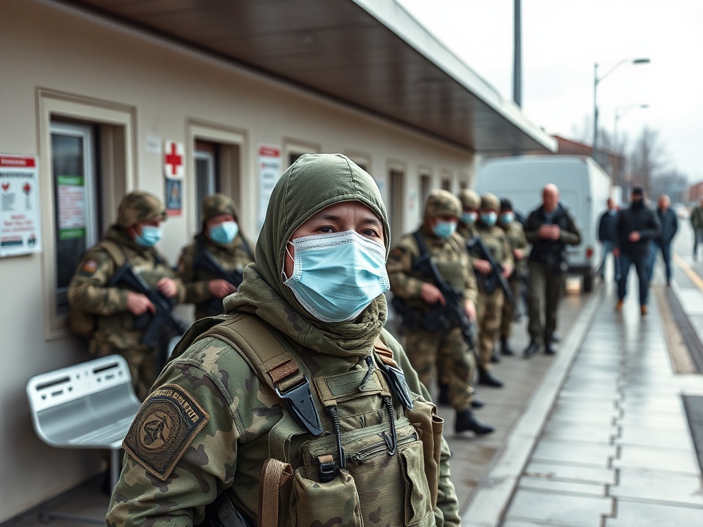 На изображении группа солдат в масках, некоторые держат оружие, на фоне медицинского пункта.