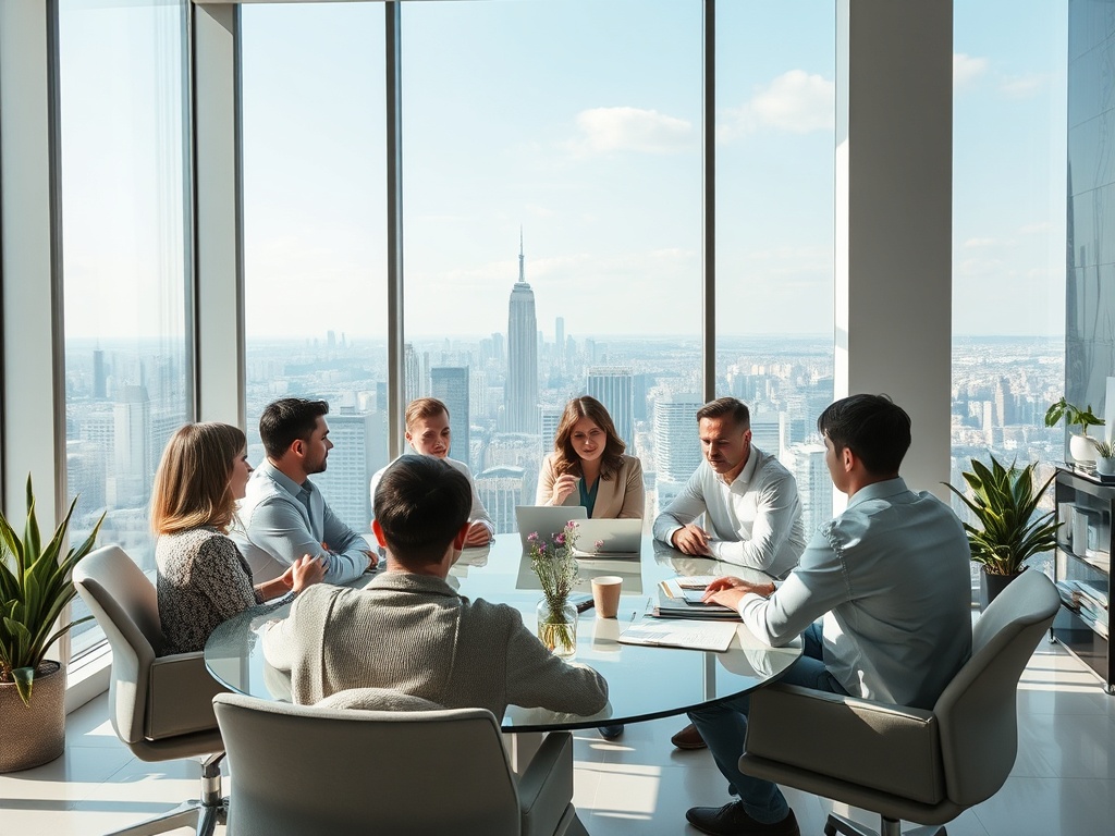 Совещание в современном офисе с видом на город, участники обсуждают идеи за круглым столом.