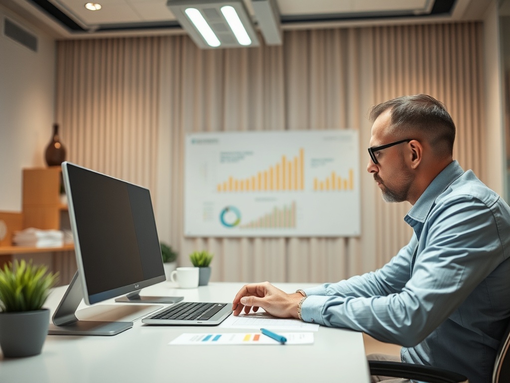 Мужчина в офисе работает за компьютером, на столе документы и зеленые растения, на стене графики.