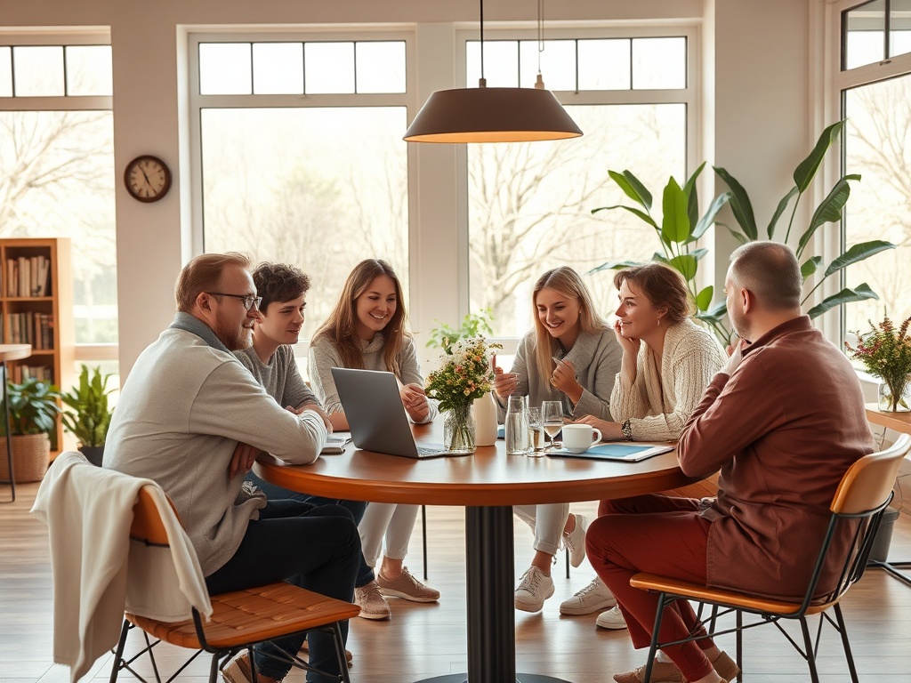 Группа людей обсуждает идеи за столом в уютном офисе с растениями и большими окнами.