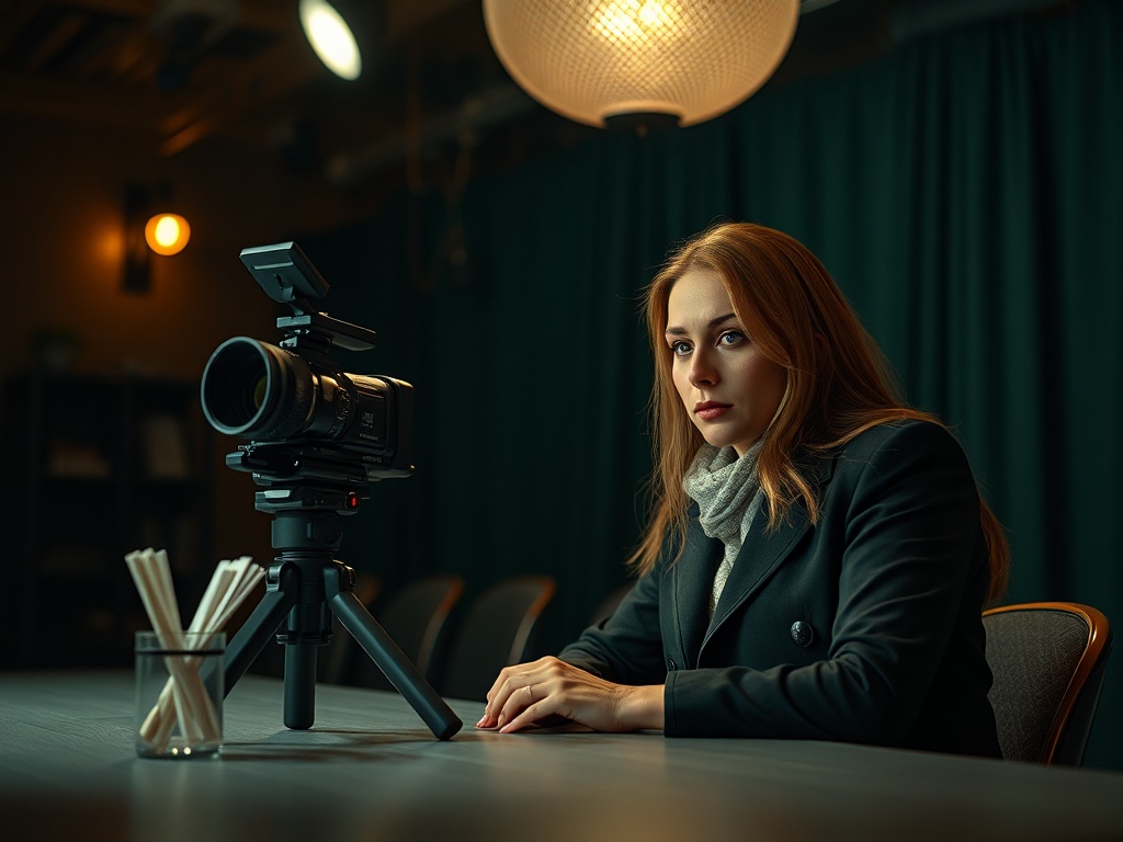 Женщина в тёмной одежде сидит за столом, смотря на камеру, на фоне тёмной занавески и мягкого освещения.